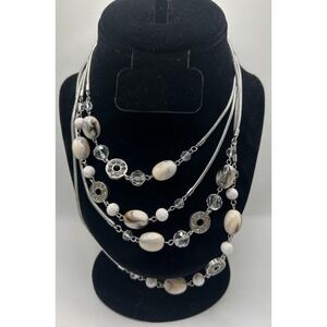 Loft‎ Beaded Beads Rhinestones Necklace Long 2 Strand Layers Black White Silver